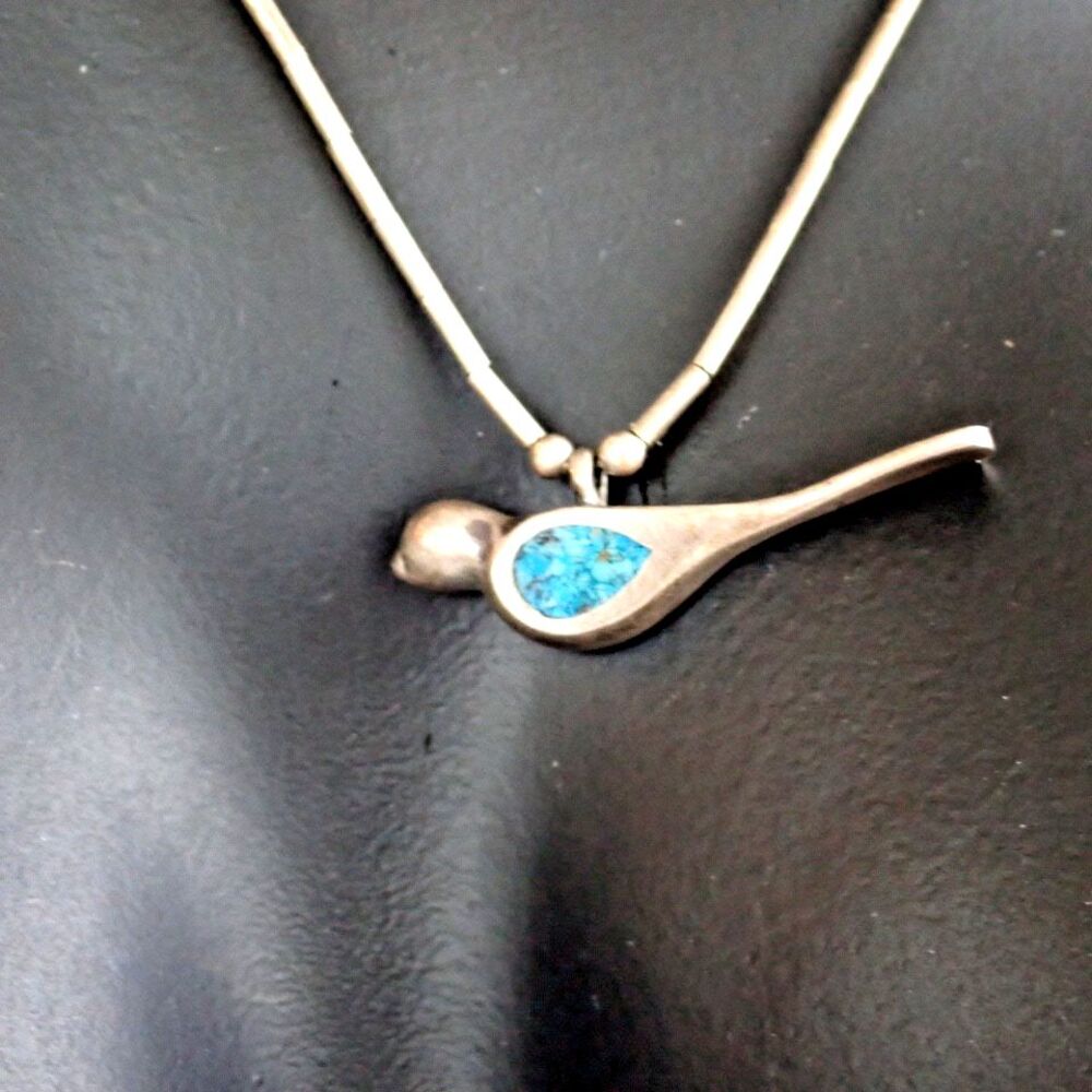 Zuni Native American Sterling Silver Turquoise Chip Bird Pendant Necklace 15" - Picture 5 of 16